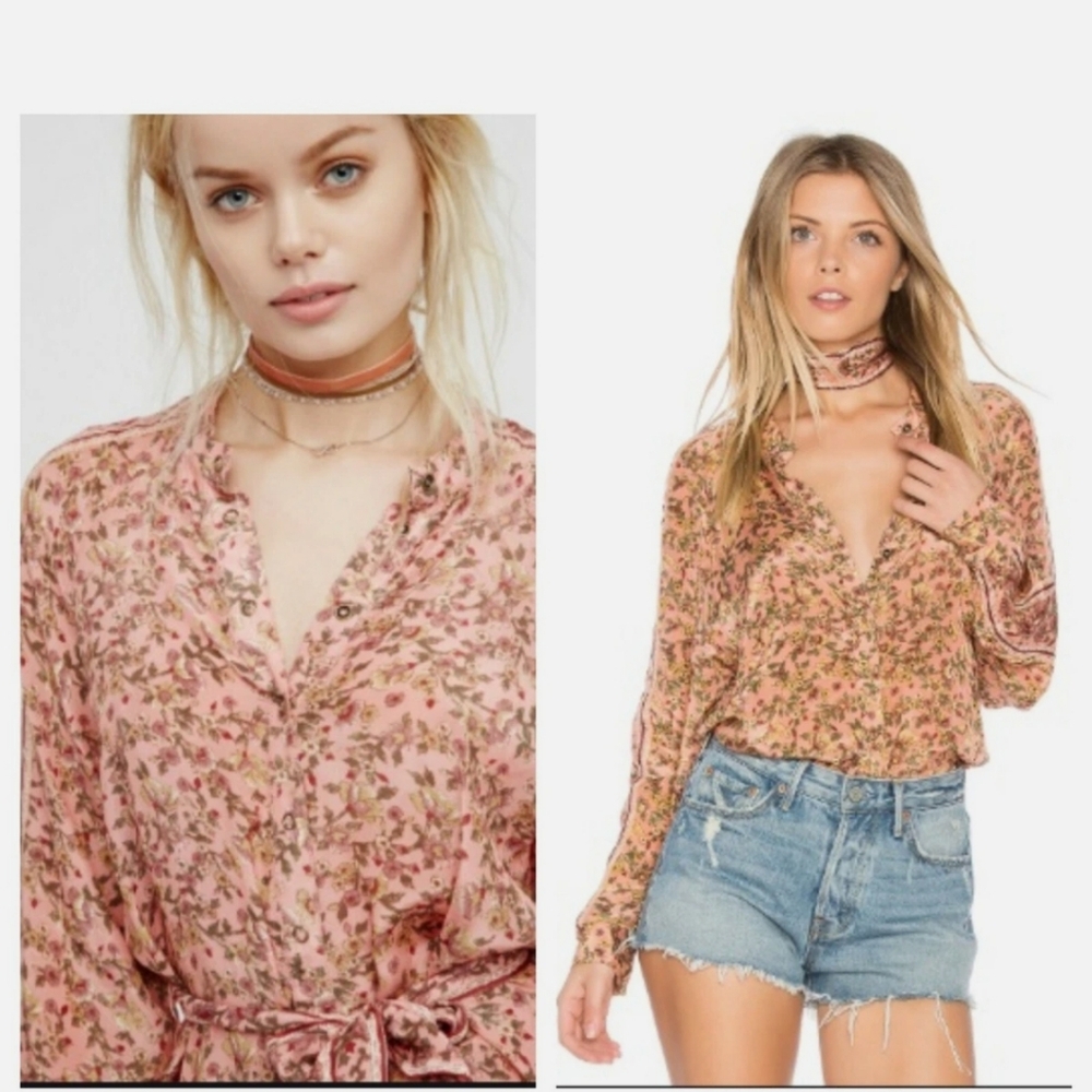 Free People Skyway Drive-In Pink Floral Blouse